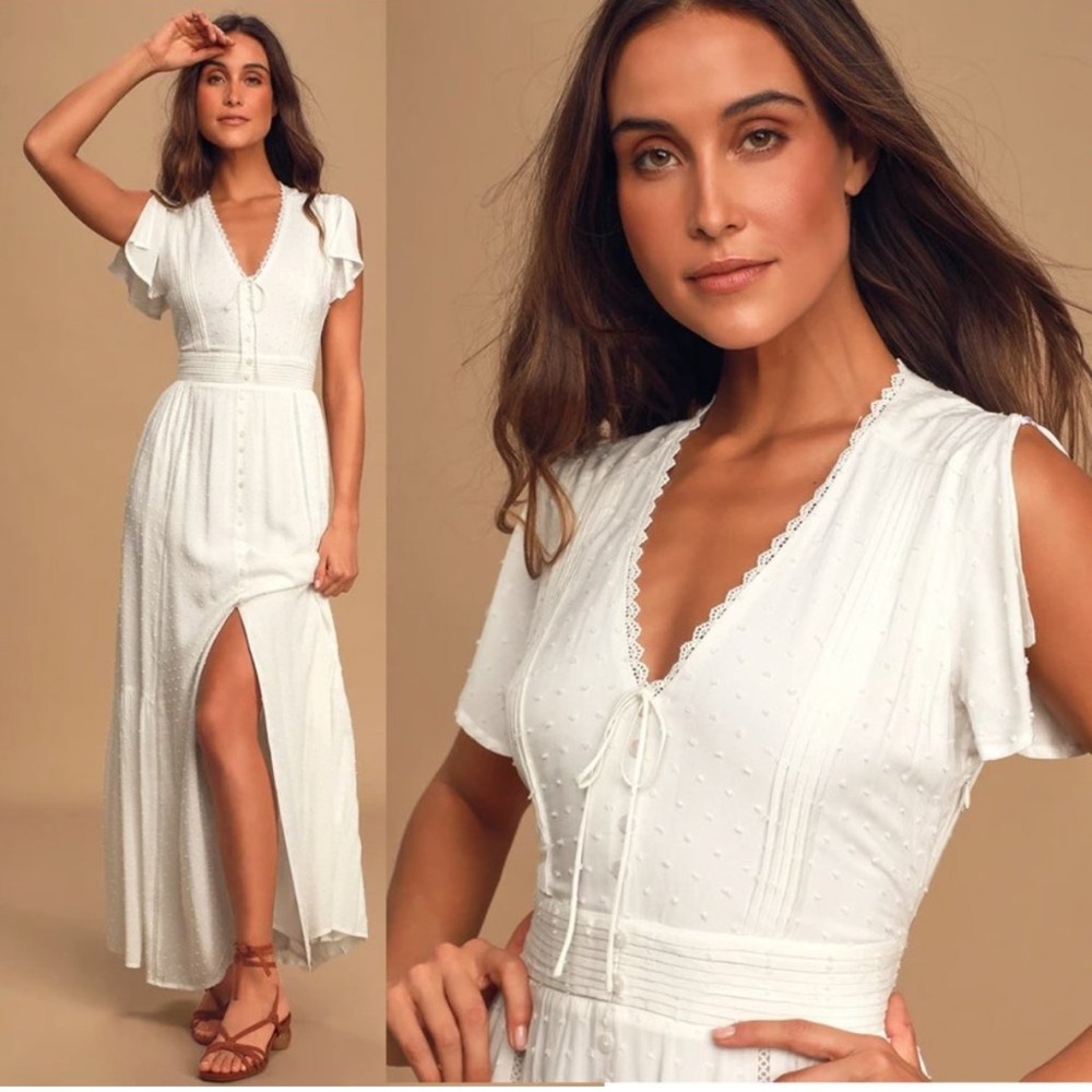 Lulu's Completely In Love Swiss Dot Button-Front Prairie Maxi Dress w/Lace Trim